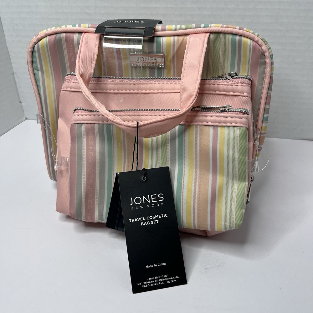 Jones New York Travel Cosmetic Bag Set Striped Pink Multi Makeup Case New